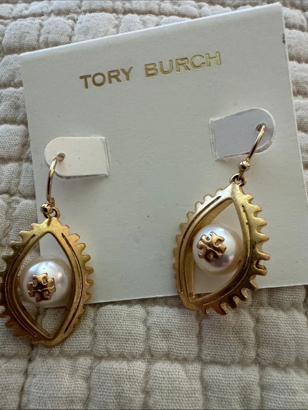 Tory Burch Gold and Pearl Drop Earrings with Logo Accent